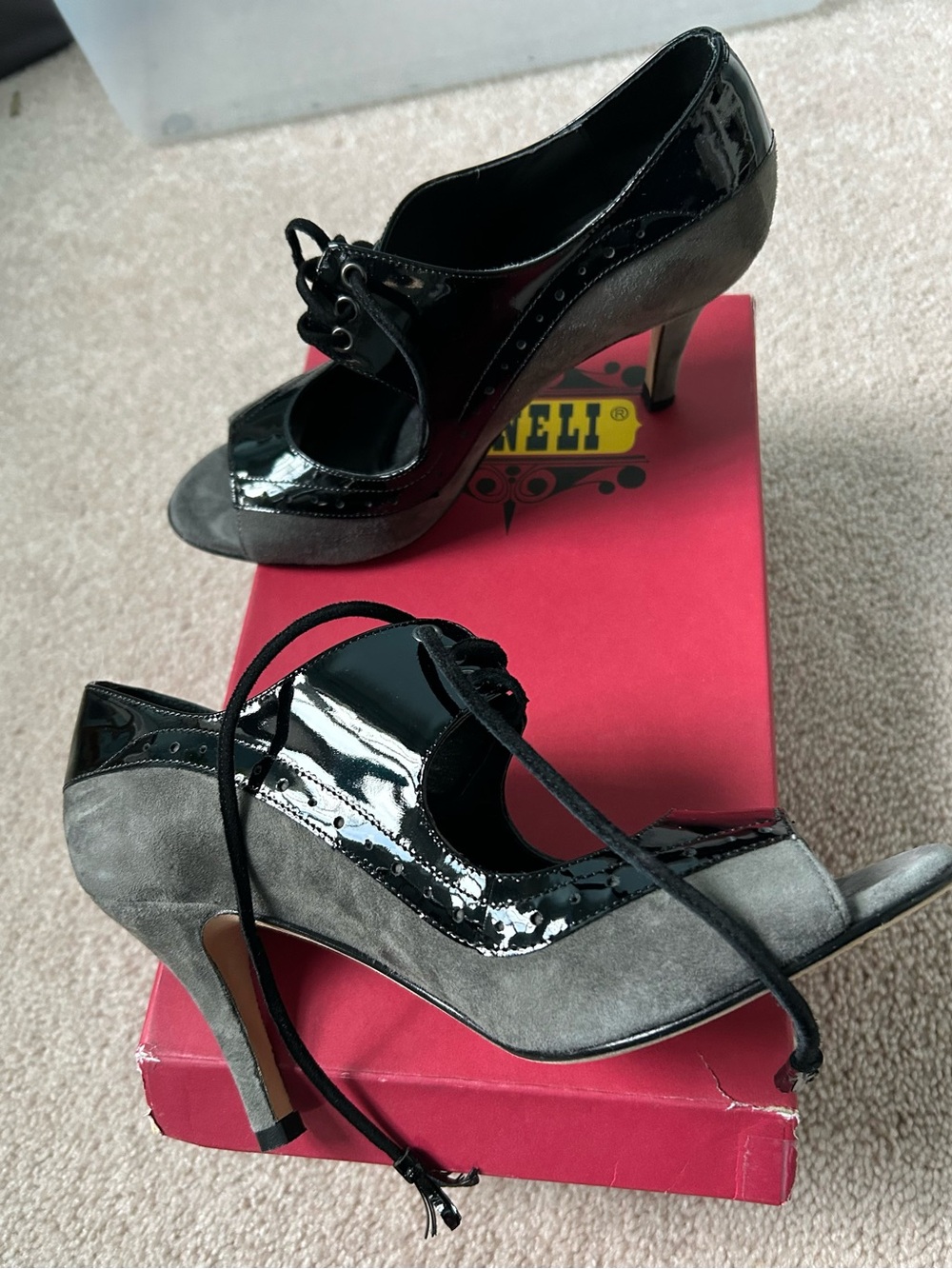 Vaneli Two-Tone Black Patent and Gray Suede Lace-Up Peep toe